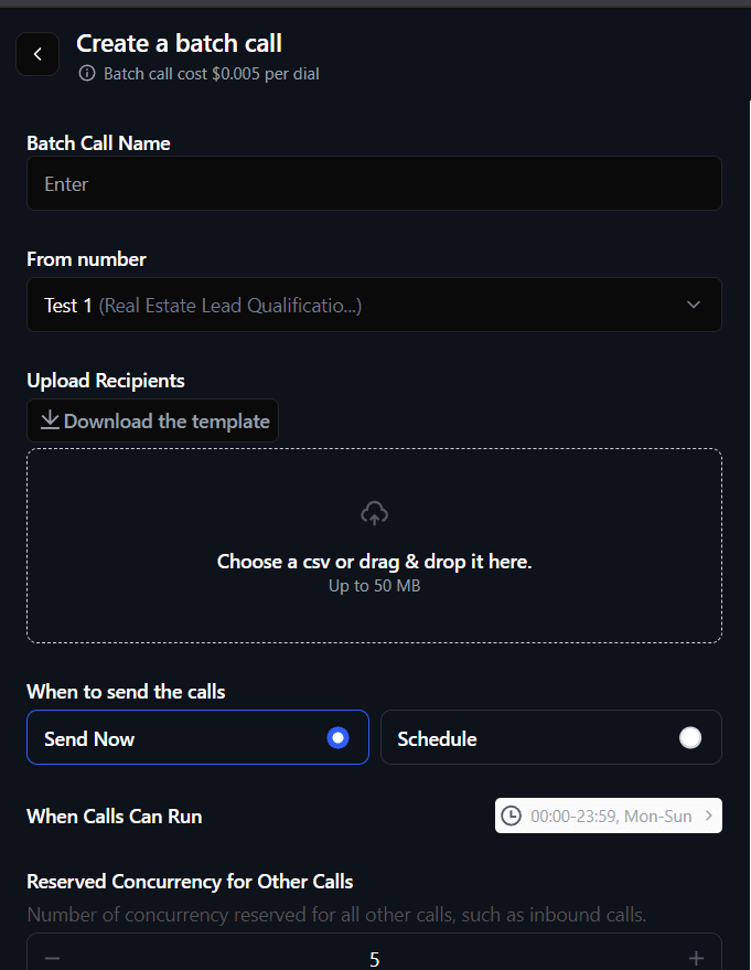 Create Batch Call Screen