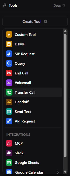 Select Transfer Call Tool