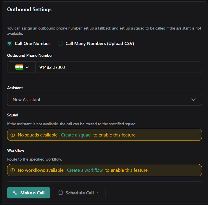 Make Outbound Call in Vapi Dashboard