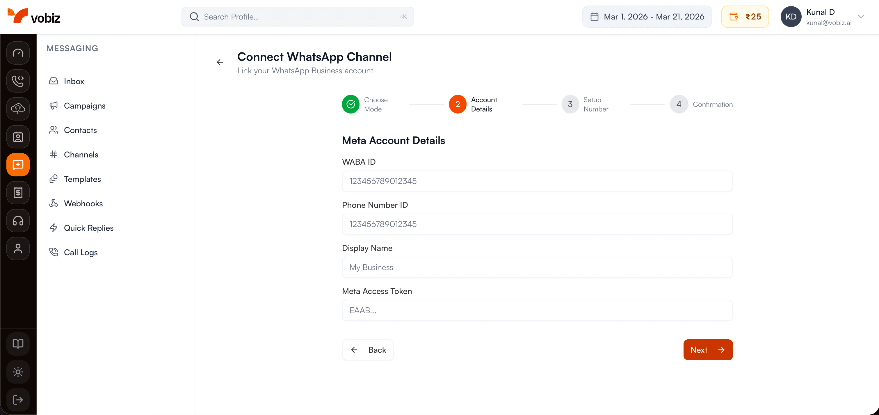 BYON setup form with WABA ID and Phone Number ID fields