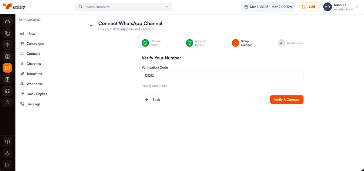 Verification confirmed — number connected to your channel