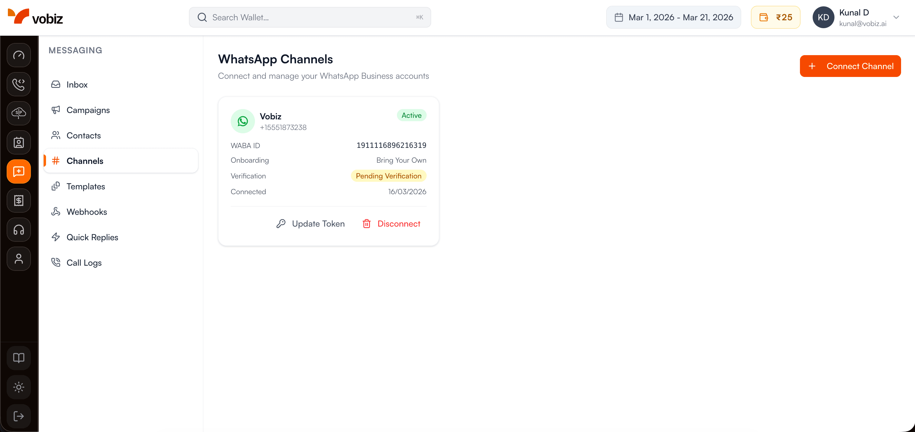 Successfully connected WhatsApp channel showing in channels list