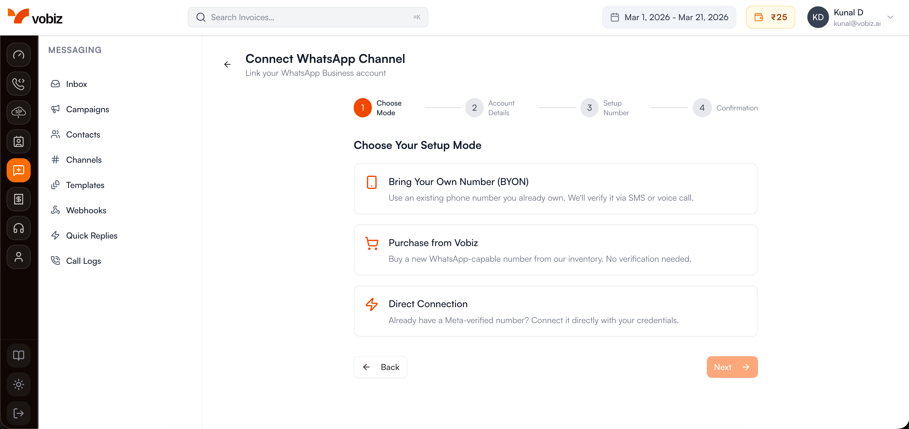Connect Channel page showing 3 setup mode options