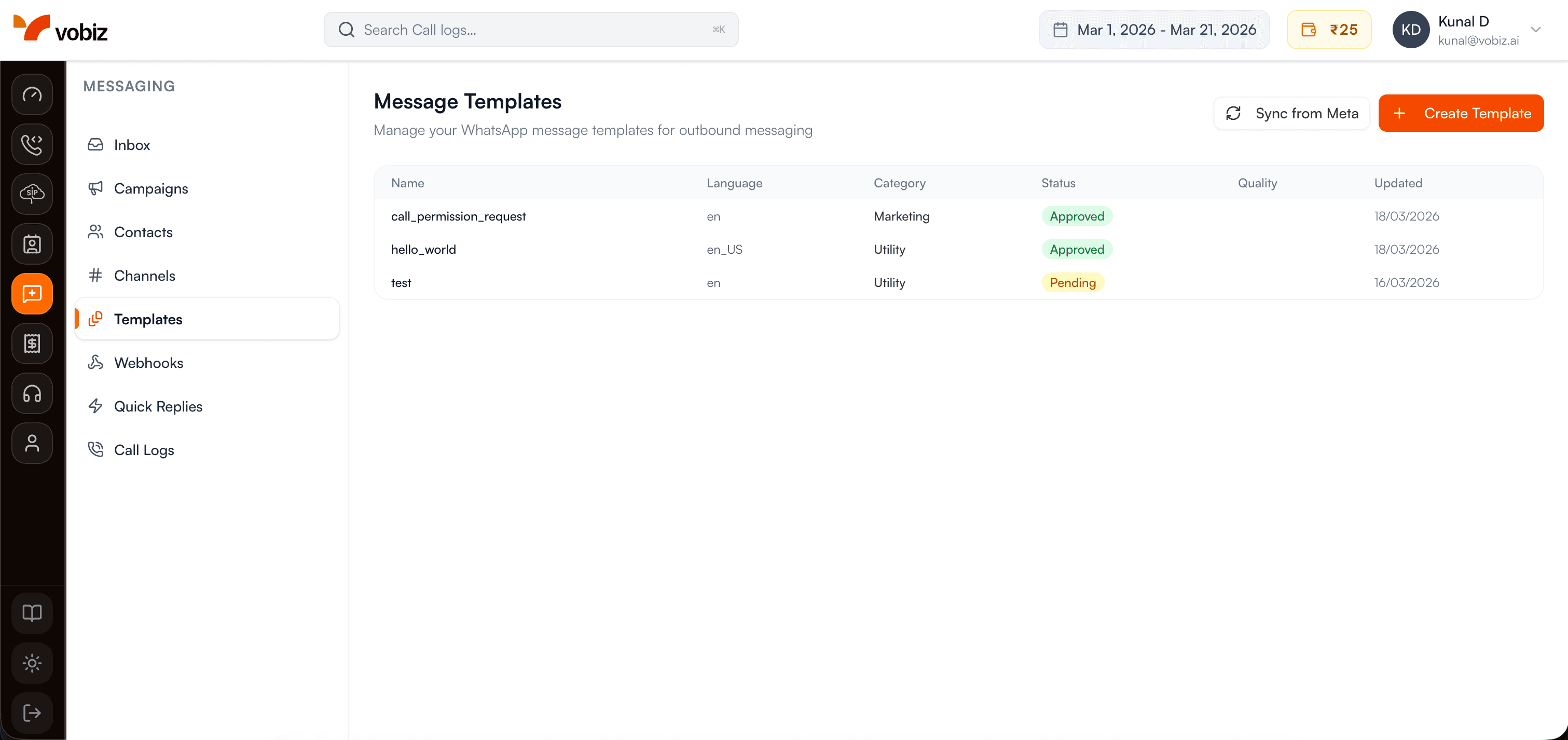 WhatsApp template management interface