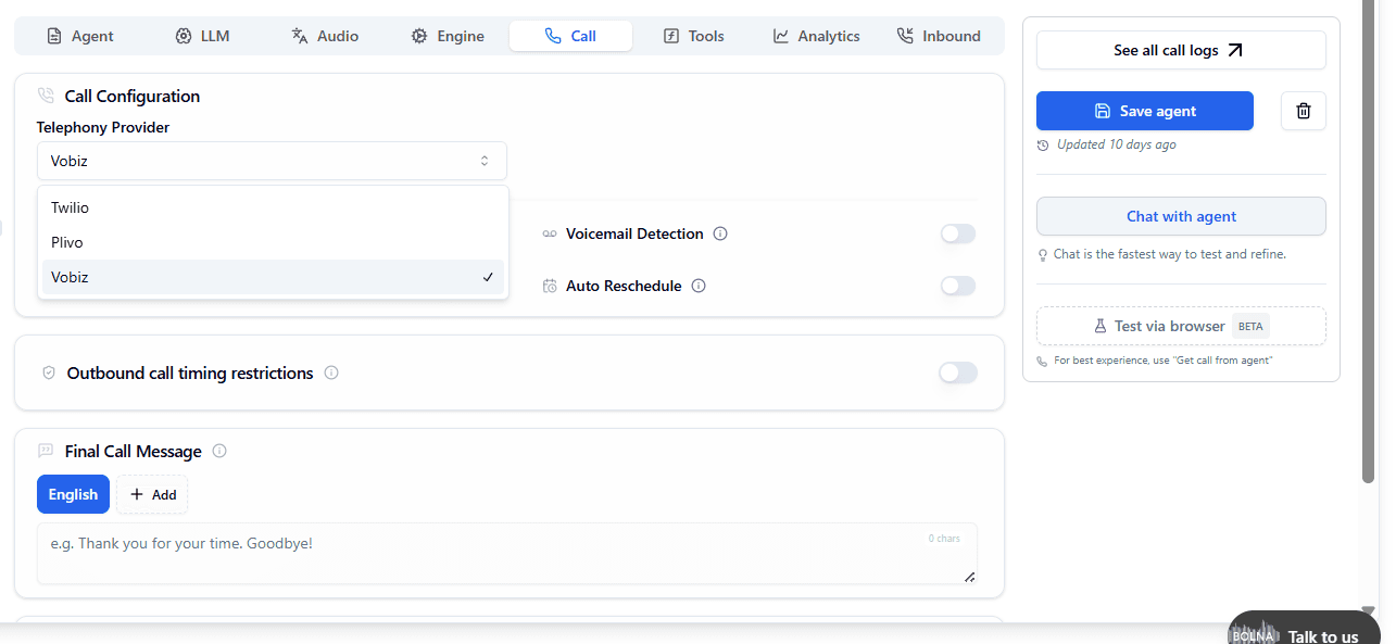 Outbound Call Agent Configuration