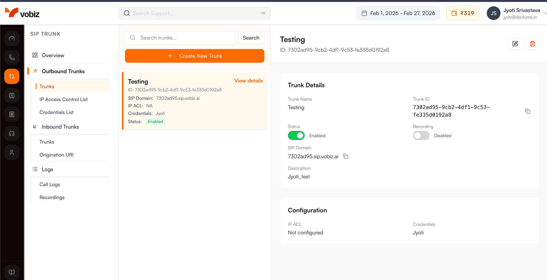 Copy SIP Trunk Credentials from Vobiz Console