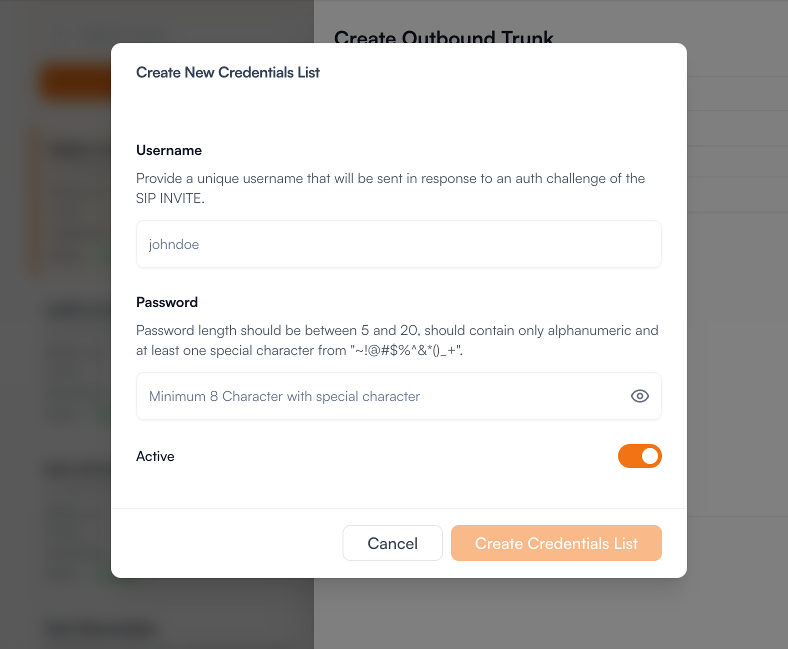 Create Credentials for Outbound Trunk