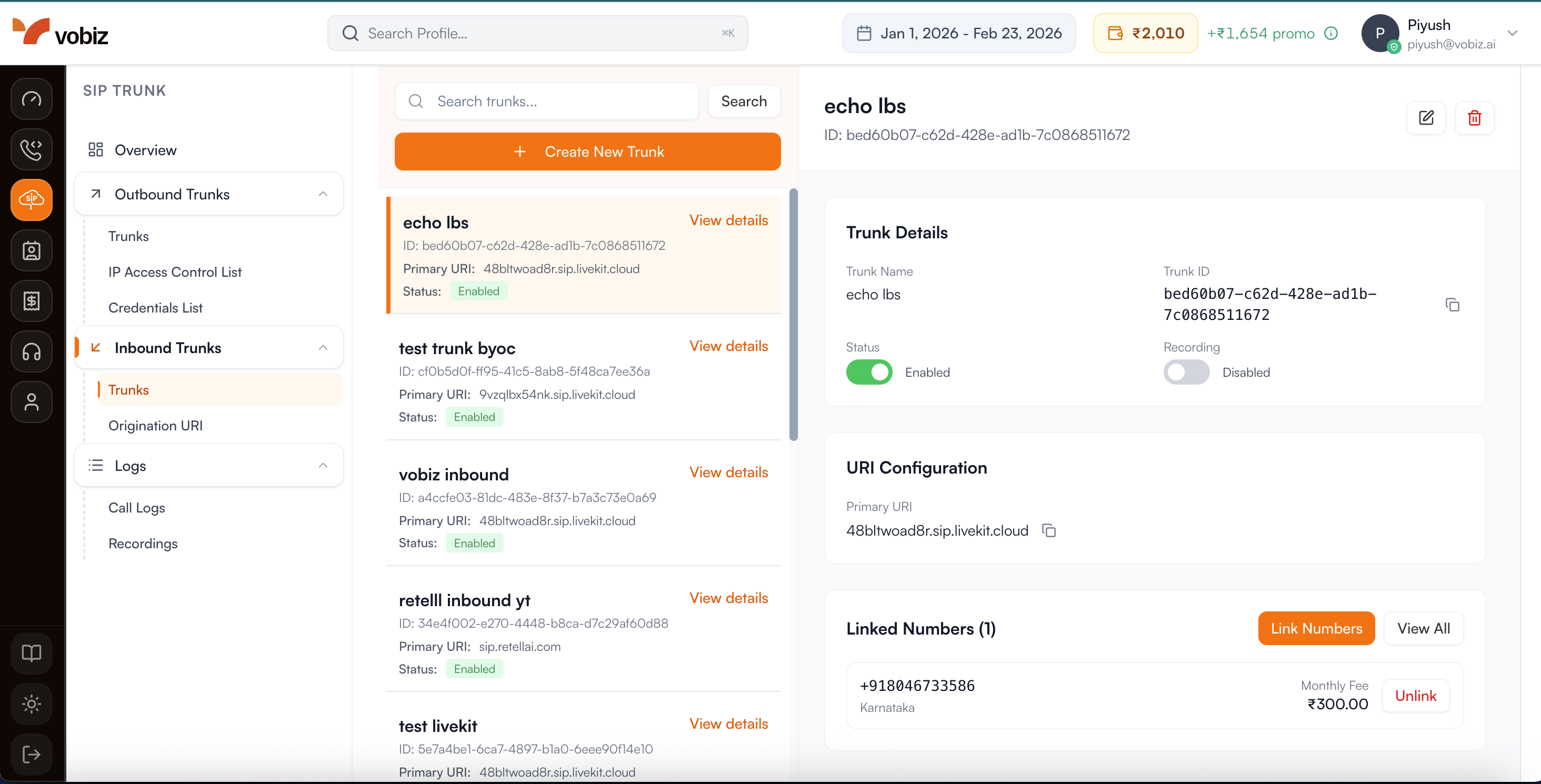 Link Number for Inbound Calls