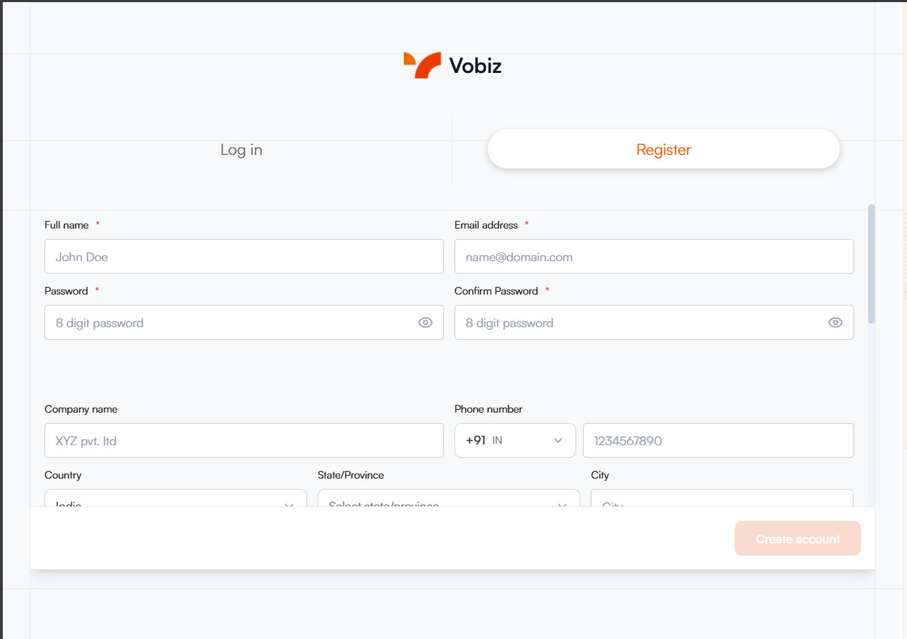 Vobiz Sign Up Page